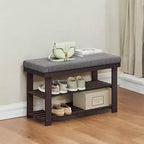 Banc à chaussures en bambou avec étagère à 3 niveaux, siège rembourré supporte 150 kg, rangement pour 6 paires, 71 cm (L) x 29 cm (P) x 49 cm (H), entrée et salon