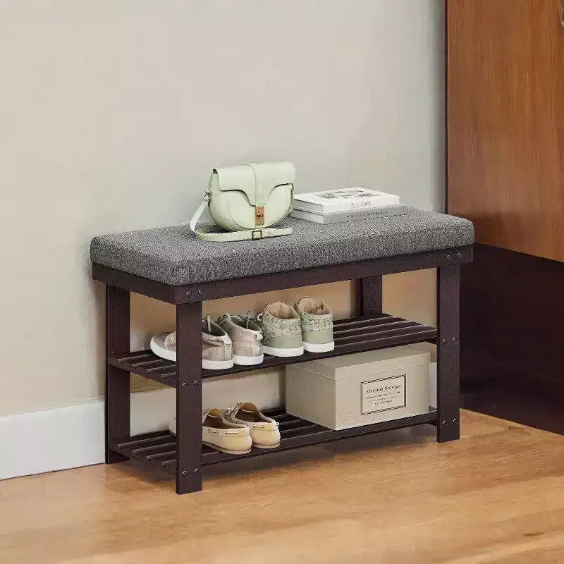Bamboo Shoe Bench with 3-Tier Rack, Padded Seat Holds 330 lbs, Stores 6 Pairs, 28"W x 11.4"D x 19.3"H, Entryway & Living Room