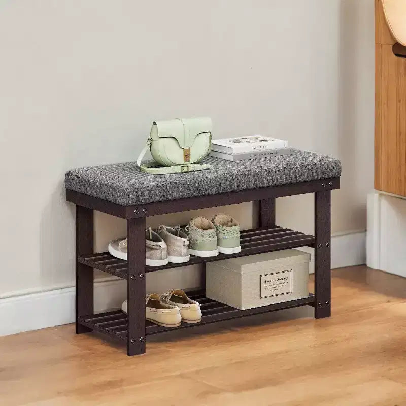 Bamboo Shoe Bench with 3-Tier Rack, Padded Seat Holds 330 lbs, Stores 6 Pairs, 28"W x 11.4"D x 19.3"H, Entryway & Living Room