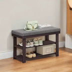 Banc à chaussures en bambou avec étagère à 3 niveaux, siège rembourré supporte 150 kg, rangement pour 6 paires, 71 cm (L) x 29 cm (P) x 49 cm (H), entrée et salon