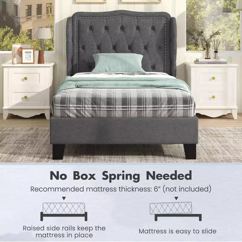 Twin Size Platform Bed Frame with Button Tufted Wingback Headboard & Wooden Slats, Gray