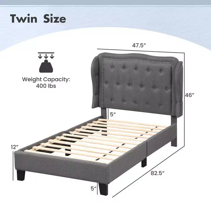Twin Size Platform Bed Frame with Button Tufted Wingback Headboard & Wooden Slats, Gray