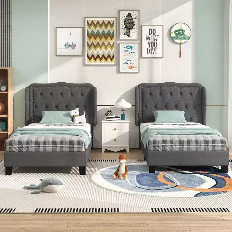 Twin Size Platform Bed Frame with Button Tufted Wingback Headboard & Wooden Slats, Gray