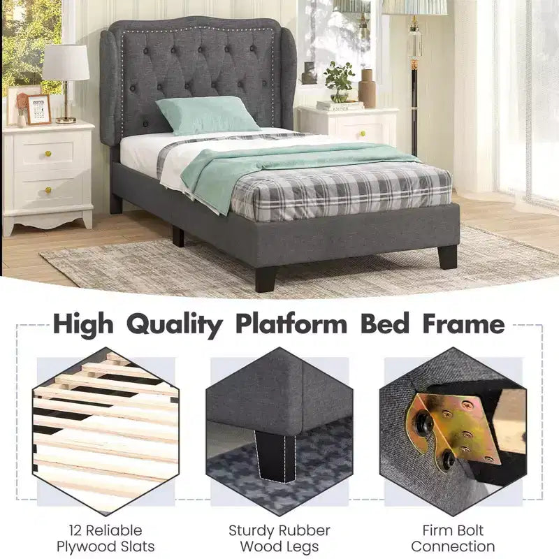 Twin Size Platform Bed Frame with Button Tufted Wingback Headboard & Wooden Slats, Gray