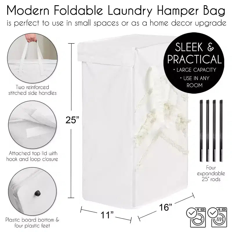 Foldable Laundry Hamper with Lid & Handles, Boho Fringe Canvas, 10 Gallon, Collapsible with Corner Rods, Ivory