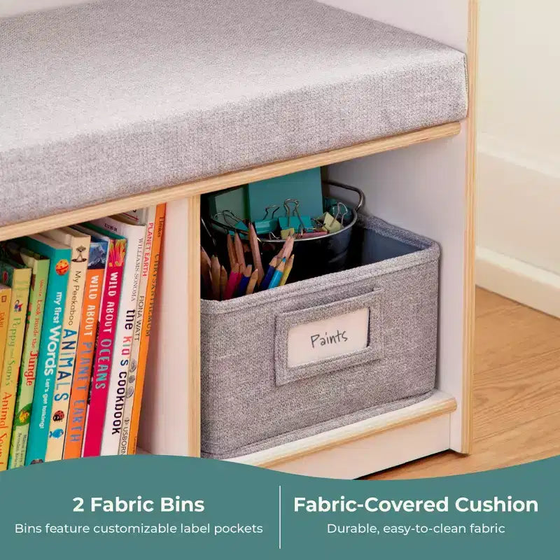 Kids' Reading Nook with Storage, Children's Bookshelf Bench with 4 Cubbies & 2 Fabric Bins, Ages 3-9