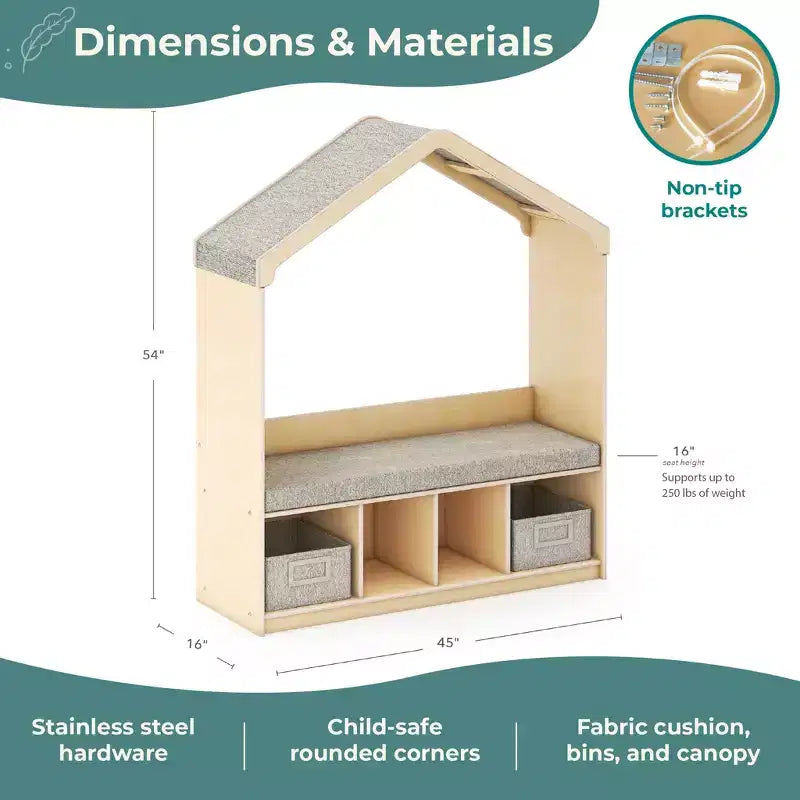 Kids' Reading Nook with Storage, Children's Bookshelf Bench with 4 Cubbies & 2 Fabric Bins, Ages 3-9