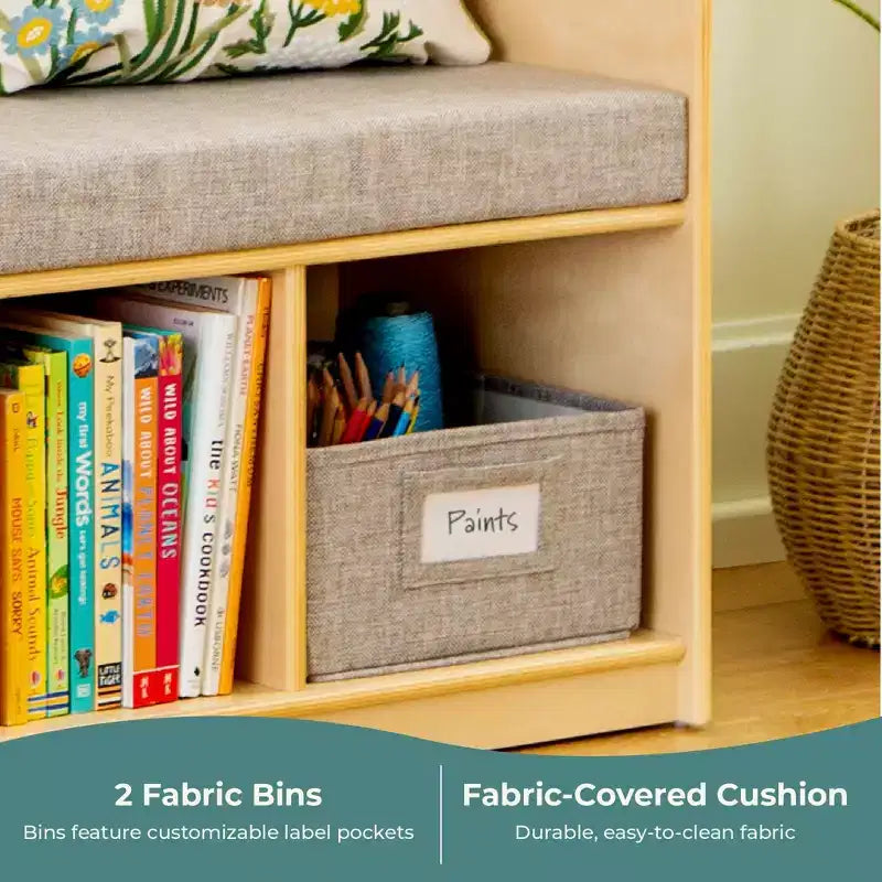 Kids' Reading Nook with Storage, Children's Bookshelf Bench with 4 Cubbies & 2 Fabric Bins, Ages 3-9