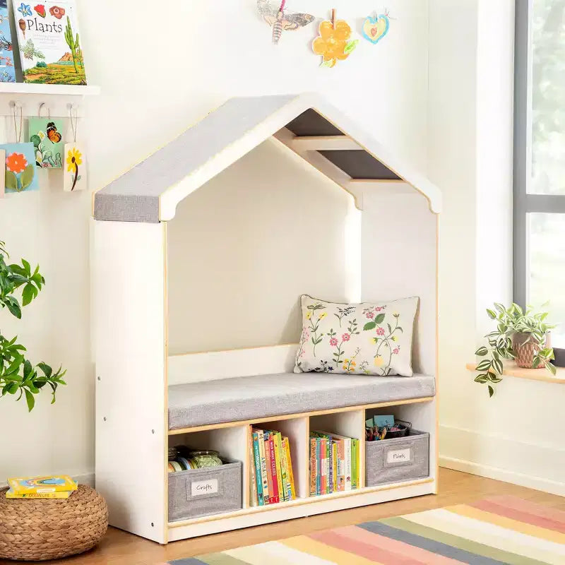 Kids' Reading Nook with Storage, Children's Bookshelf Bench with 4 Cubbies & 2 Fabric Bins, Ages 3-9