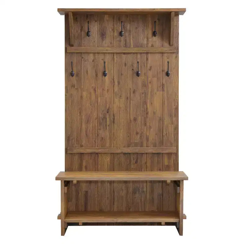 70" Hall Tree with 7 Hooks, Driftwood Finish, Solid Mango Wood