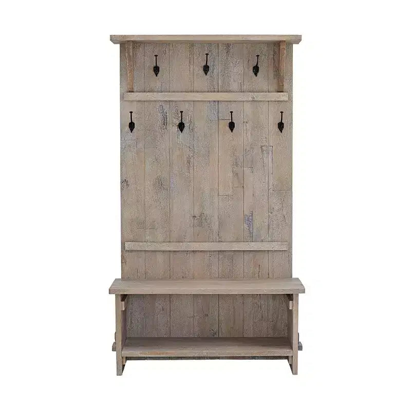 70" Hall Tree with 7 Hooks, Driftwood Finish, Solid Mango Wood