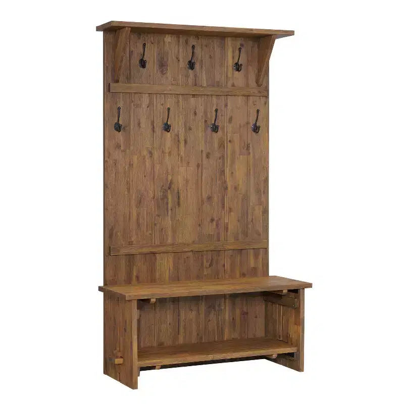 70" Hall Tree with 7 Hooks, Driftwood Finish, Solid Mango Wood